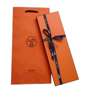 HERMES Authentic Rectangular Tie Box with Ribbon and Shopping Gift Bag Bundle